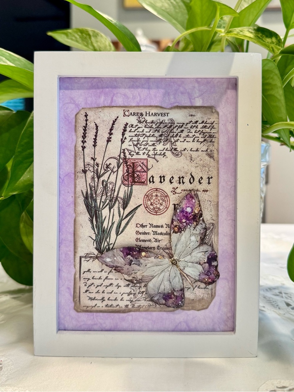 Lavender Butterfly Framed Wall Art Purple Accent Hand Crafted 8” x 6” - Picture 5 of 6